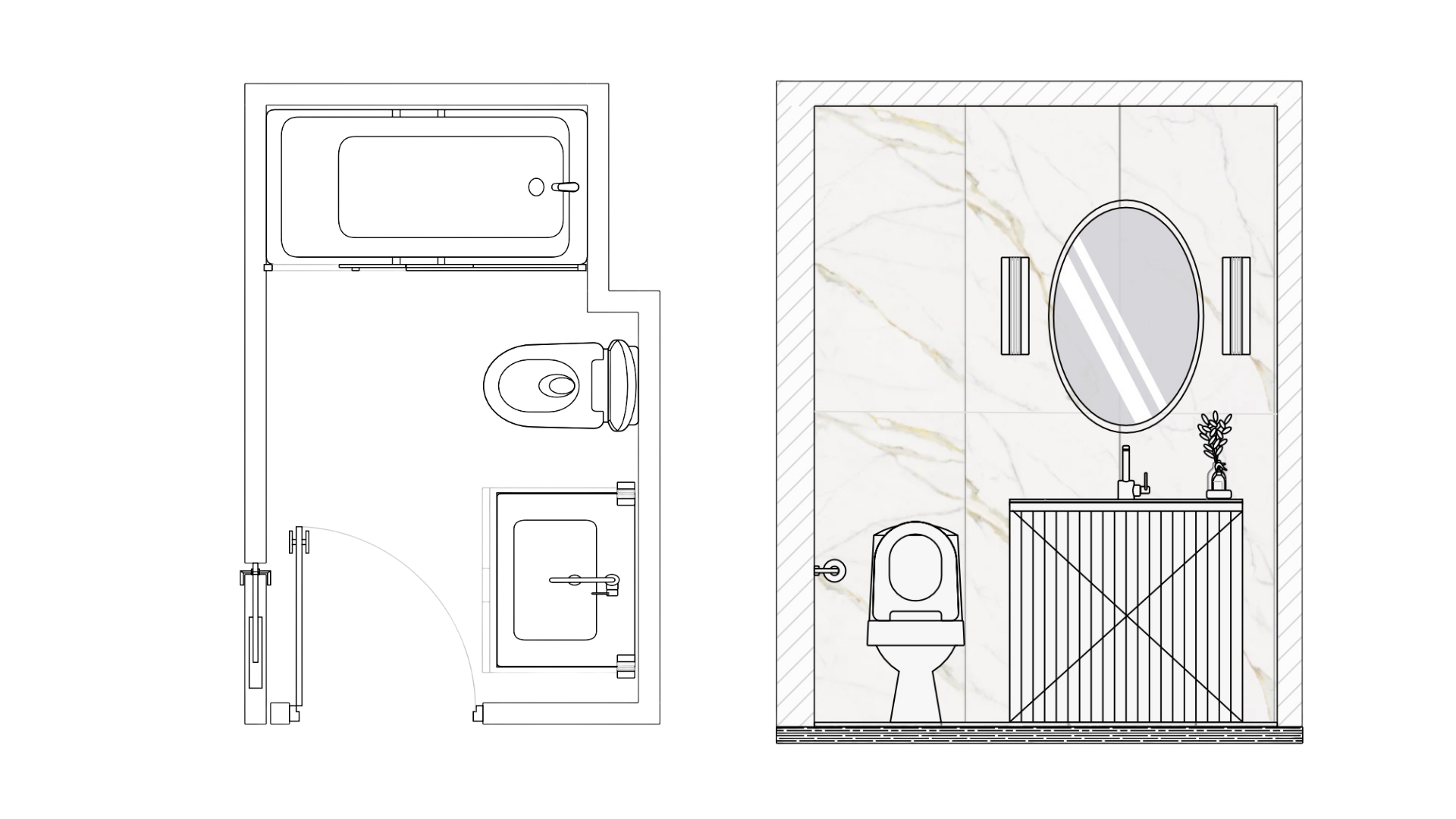 Kid's bathroom floor plan and elevation drawings