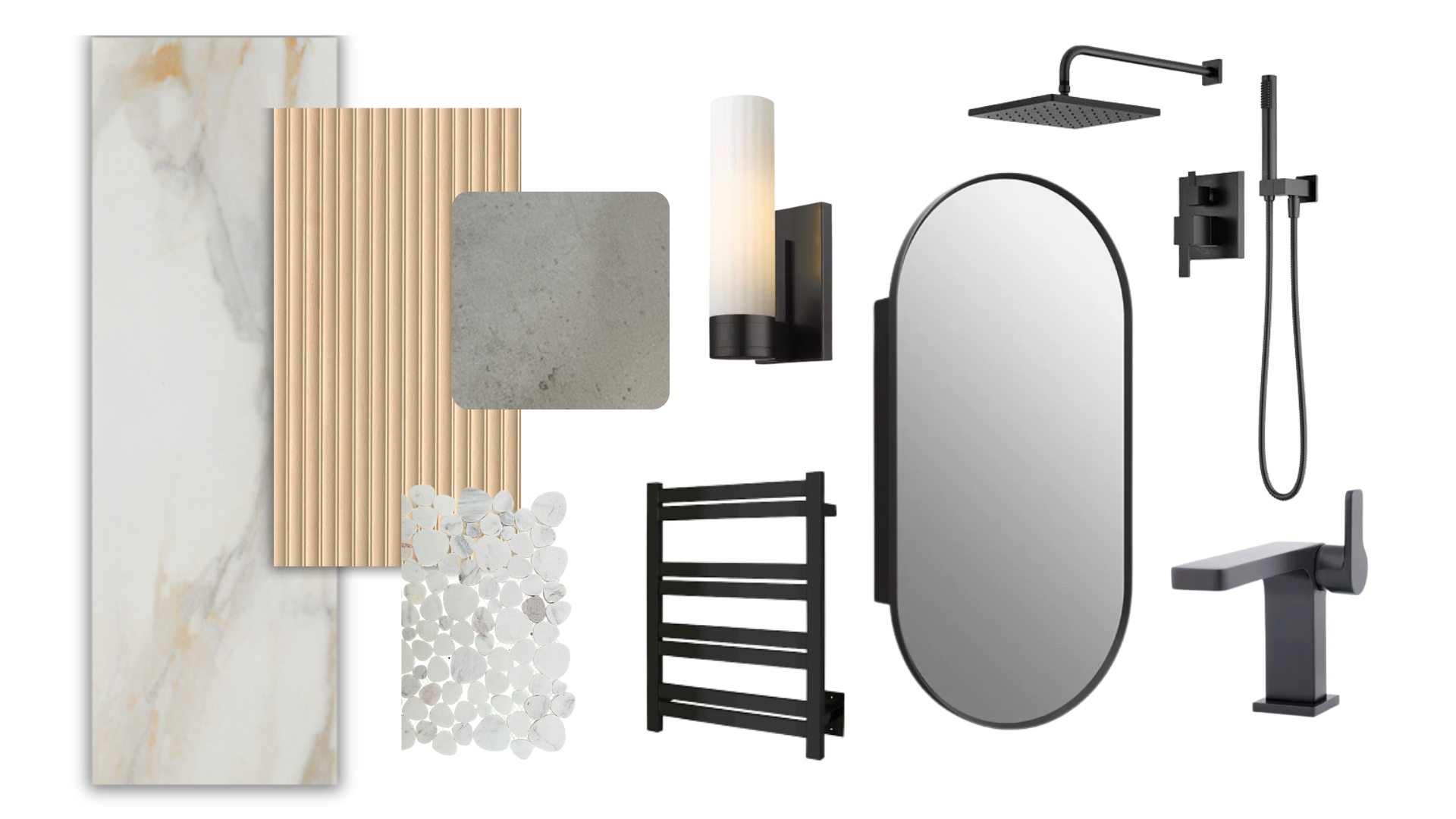 Kid's bathroom materials board — Calacatta marble, fluted oak panel, pebble mosaic, matte black fixtures