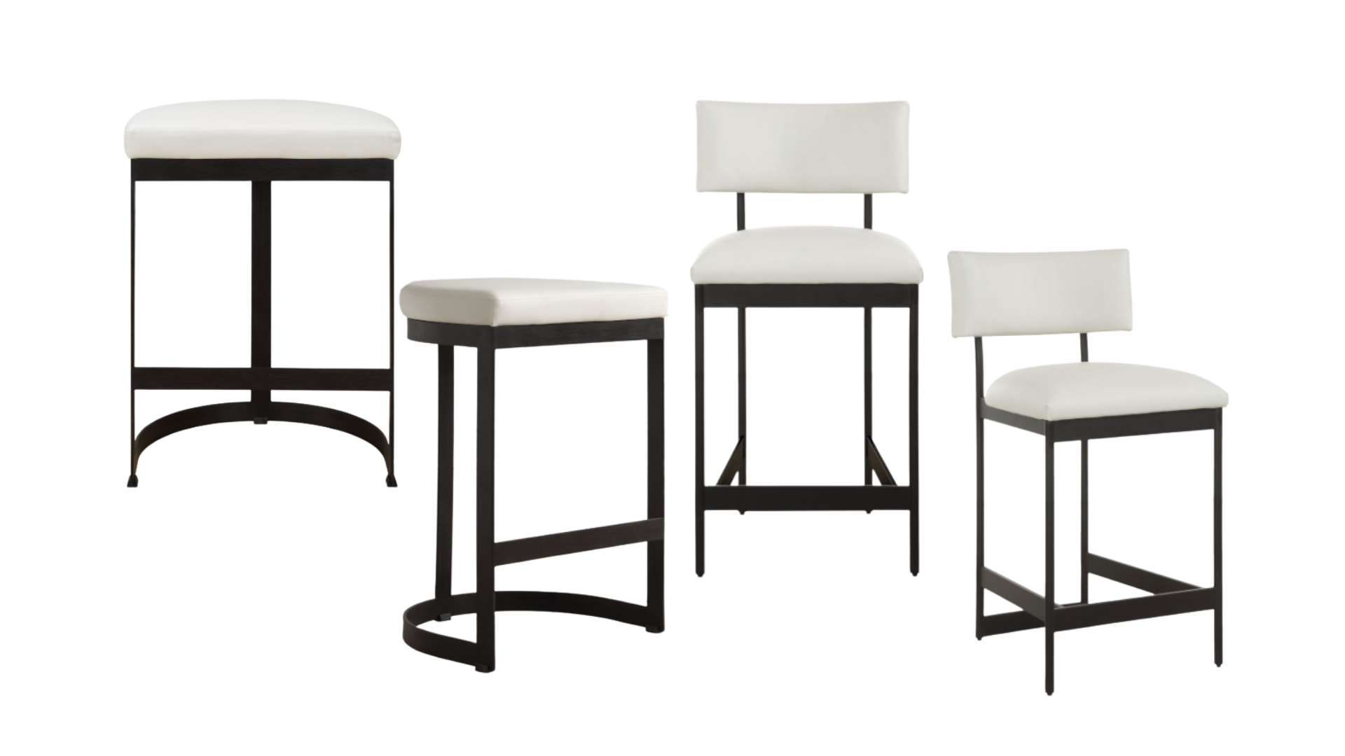 Counter stool options — dark metal frame with white upholstery