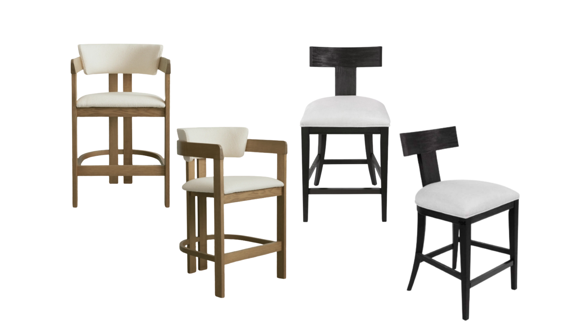 Counter stool options — wood frame with cream bouclé and white upholstery