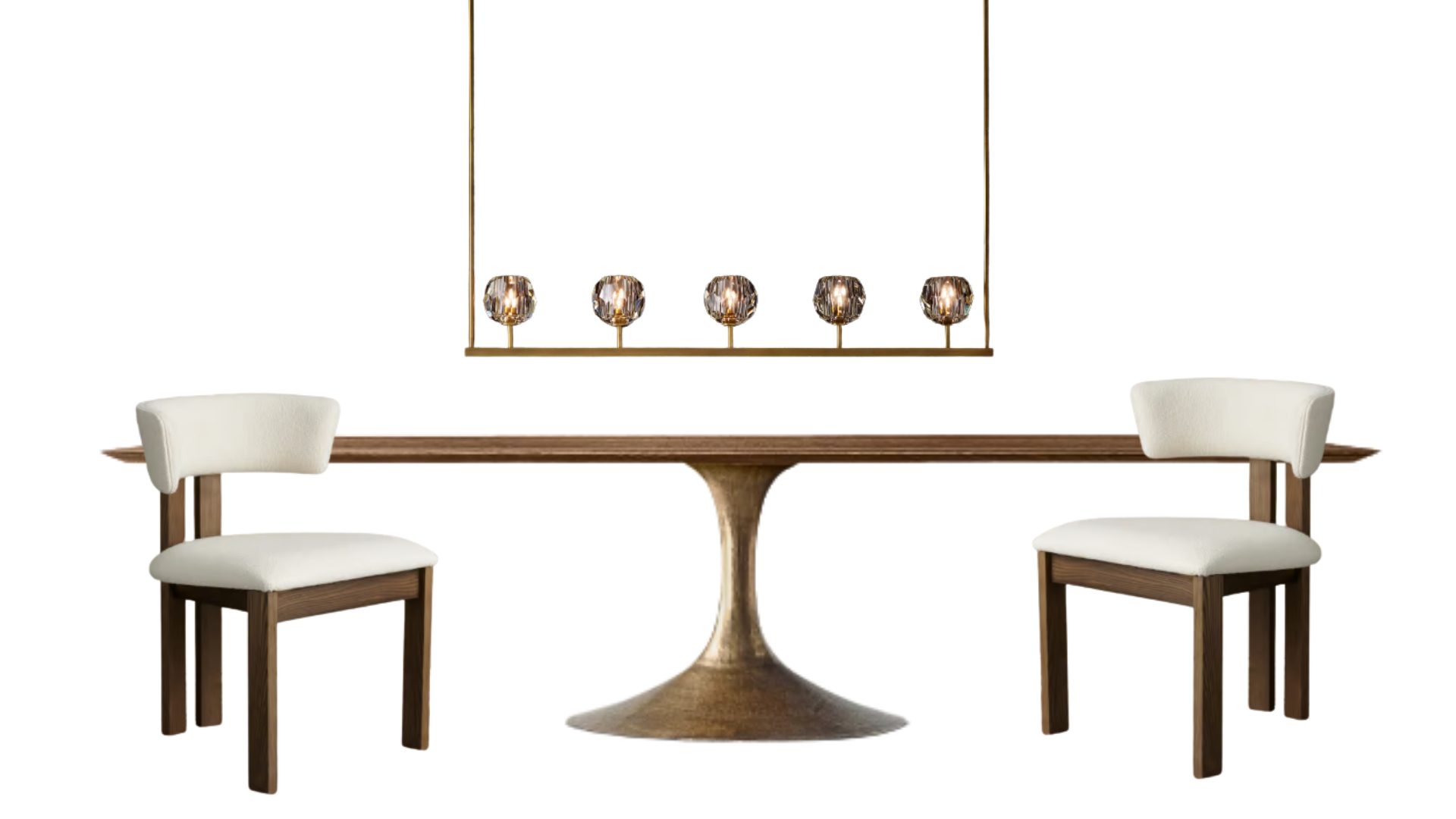 Dining room option A — walnut tulip pedestal table with cream dining chairs and brass crystal pendant
