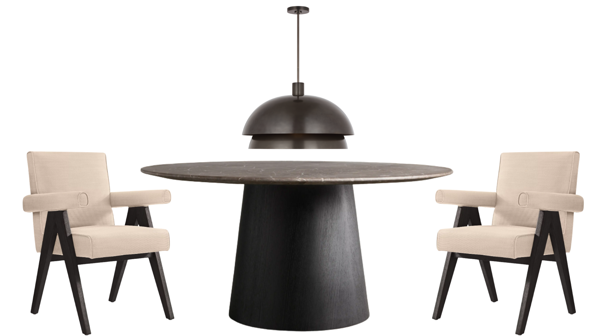 Kitchen dining area — round dark marble pedestal table with upholstered chairs and dome pendant
