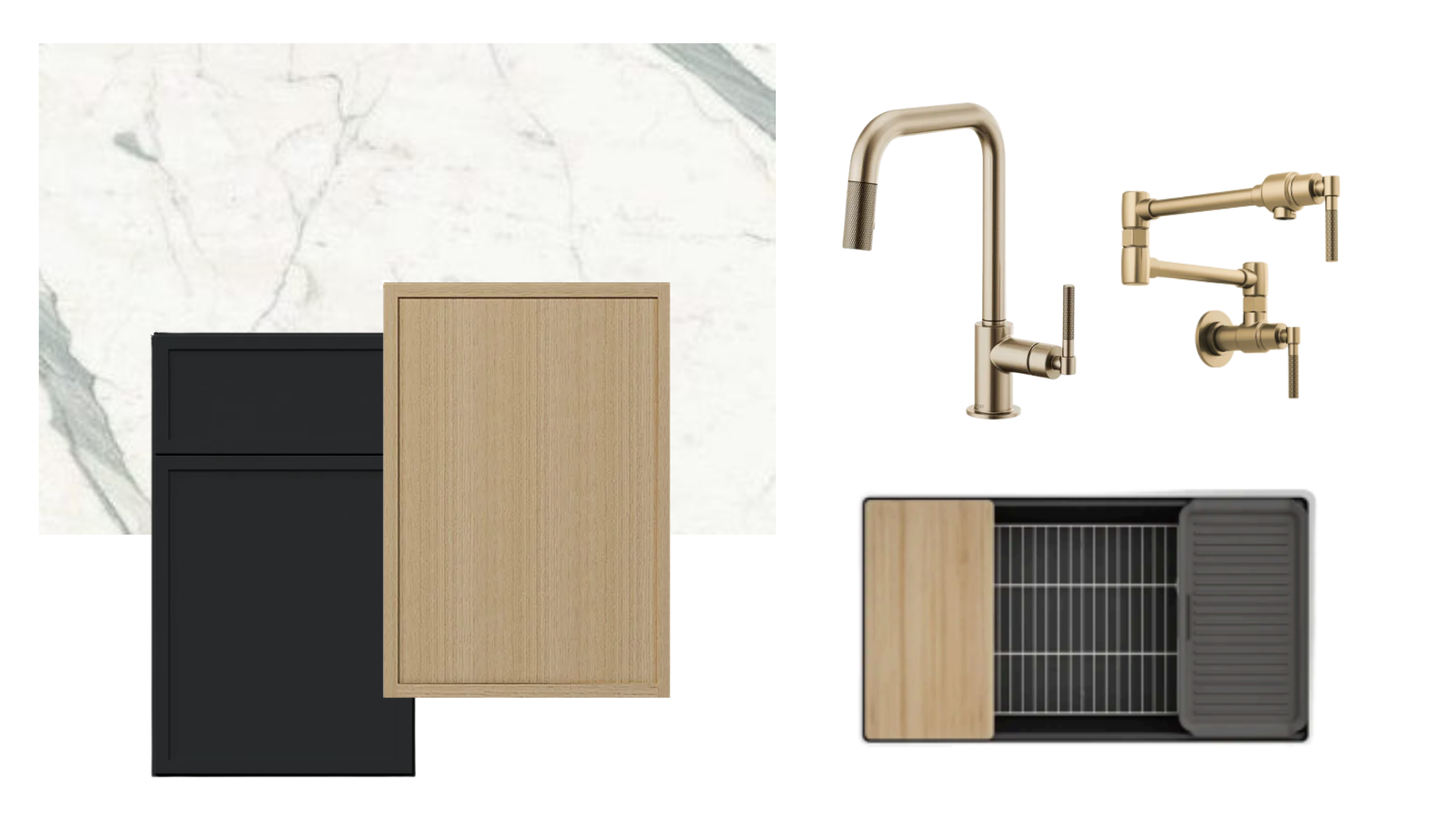 Kitchen materials board — marble countertop, black and oak cabinet doors, champagne bronze faucet