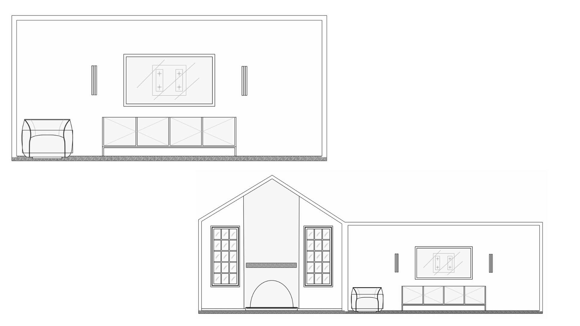Living room floor plan and elevation drawings