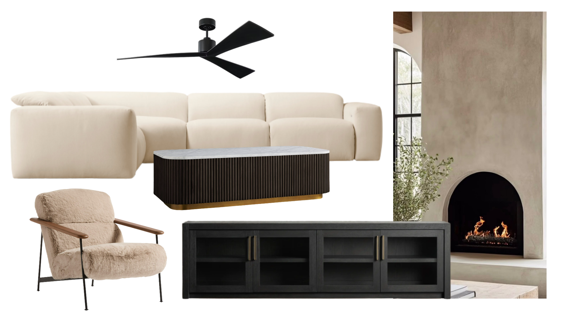 Living room mood board — cream sectional, shearling chair, fluted coffee table, black media console