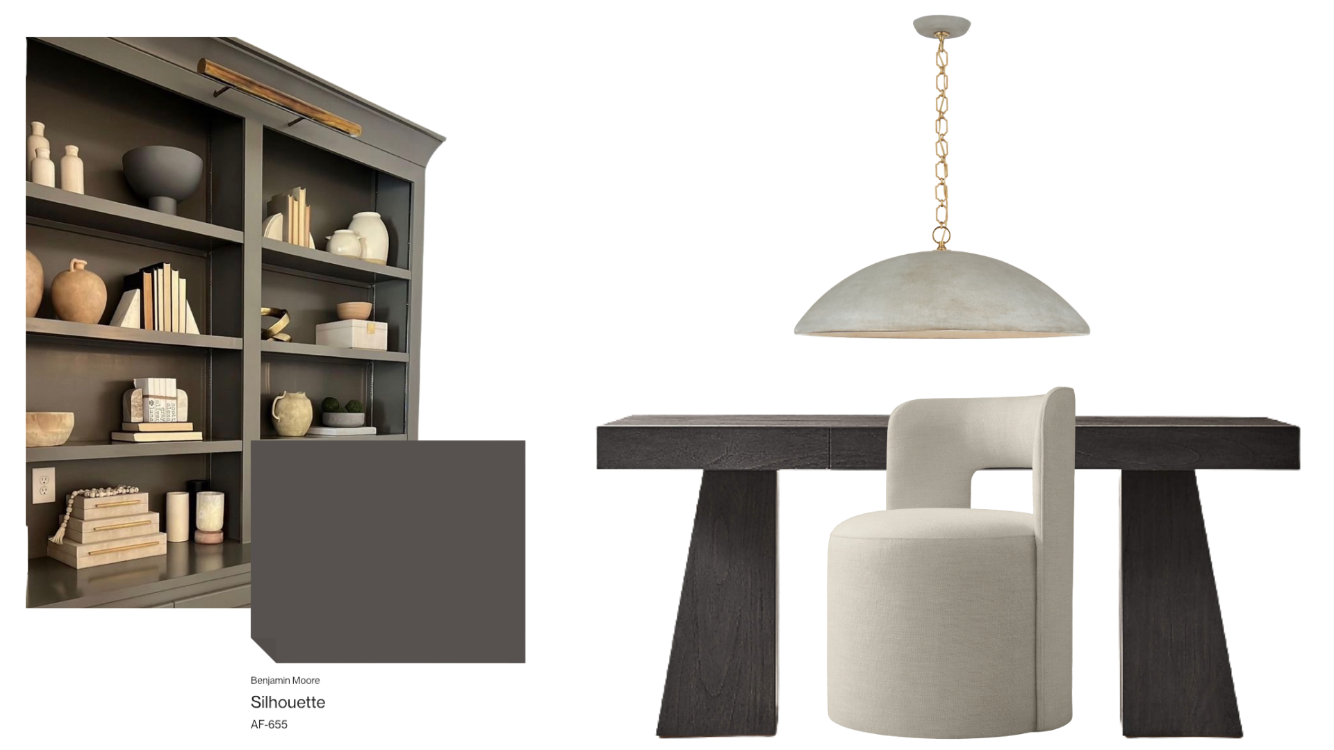 Office — dark built-in bookcase, dark wood desk, cream barrel chair, verdigris dome pendant