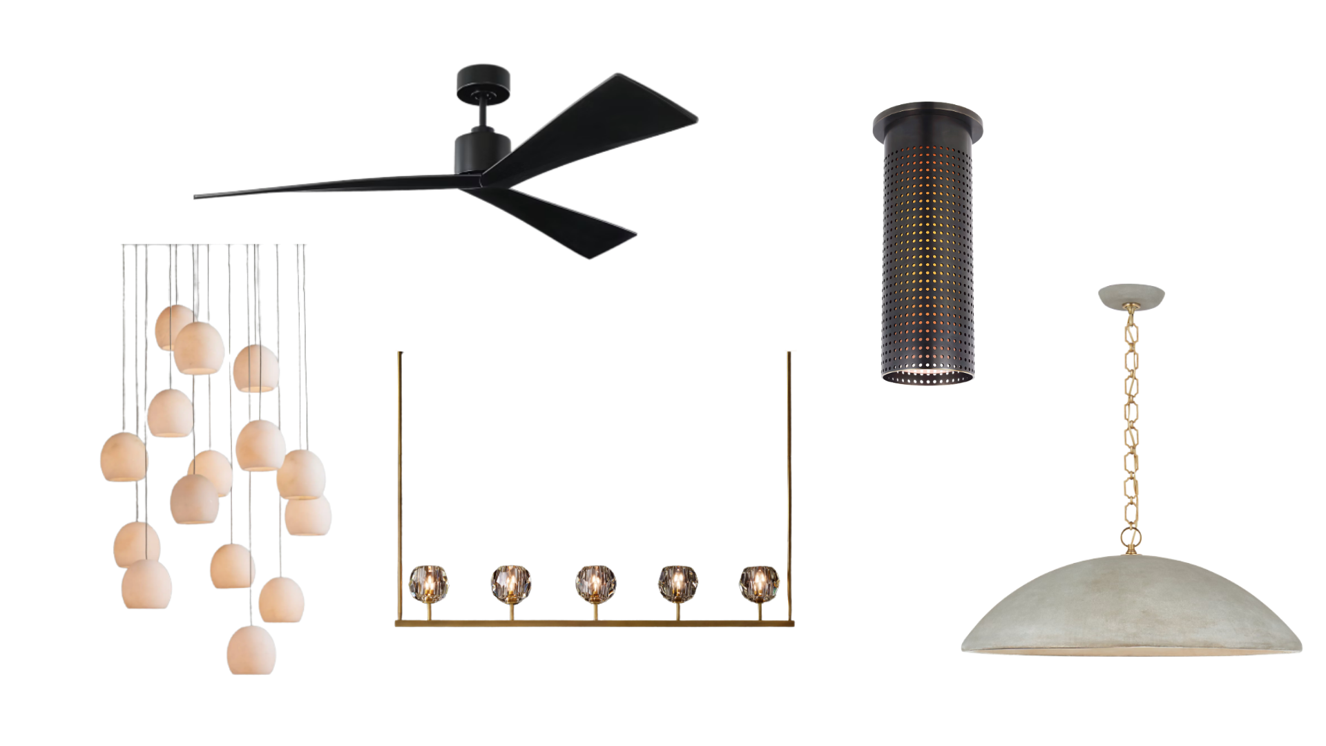 Sitting room lighting options — globe cluster, brass linear pendant, ceiling fan, flush mount