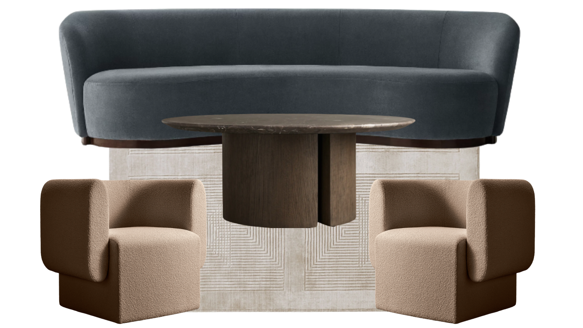 Sitting room with geometric rug layered under seating group