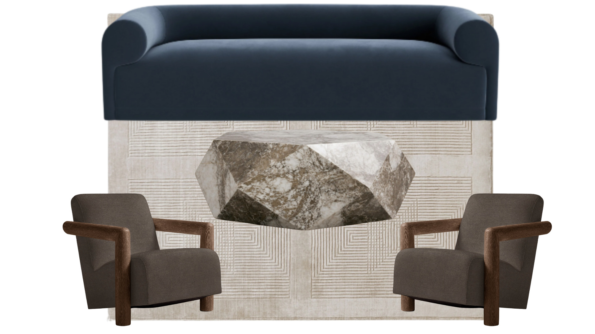 Alternate sitting room — dark linen chairs and sculptural stone coffee table