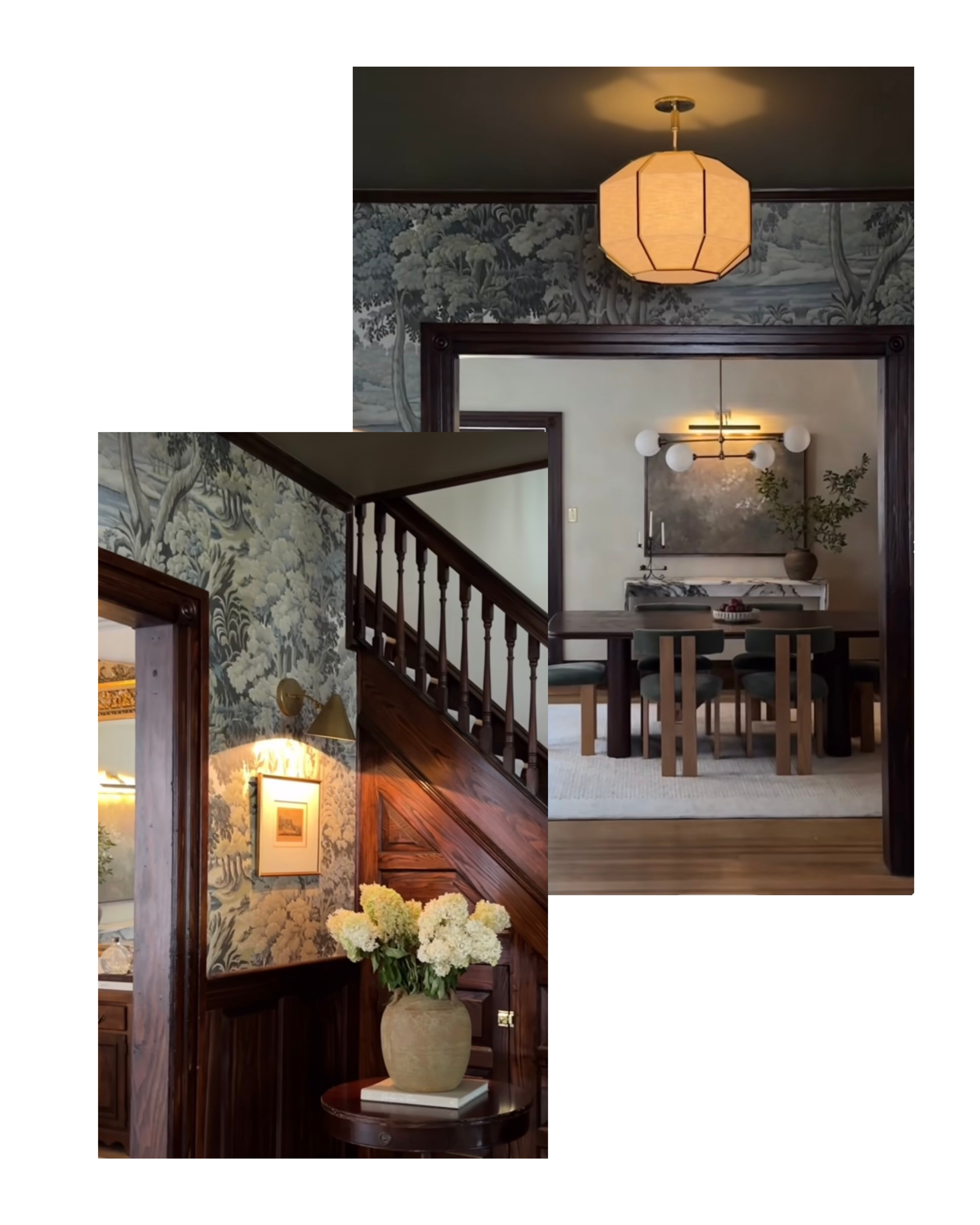 Inspiration — traditional foyer with arched entry and floral wallpaper