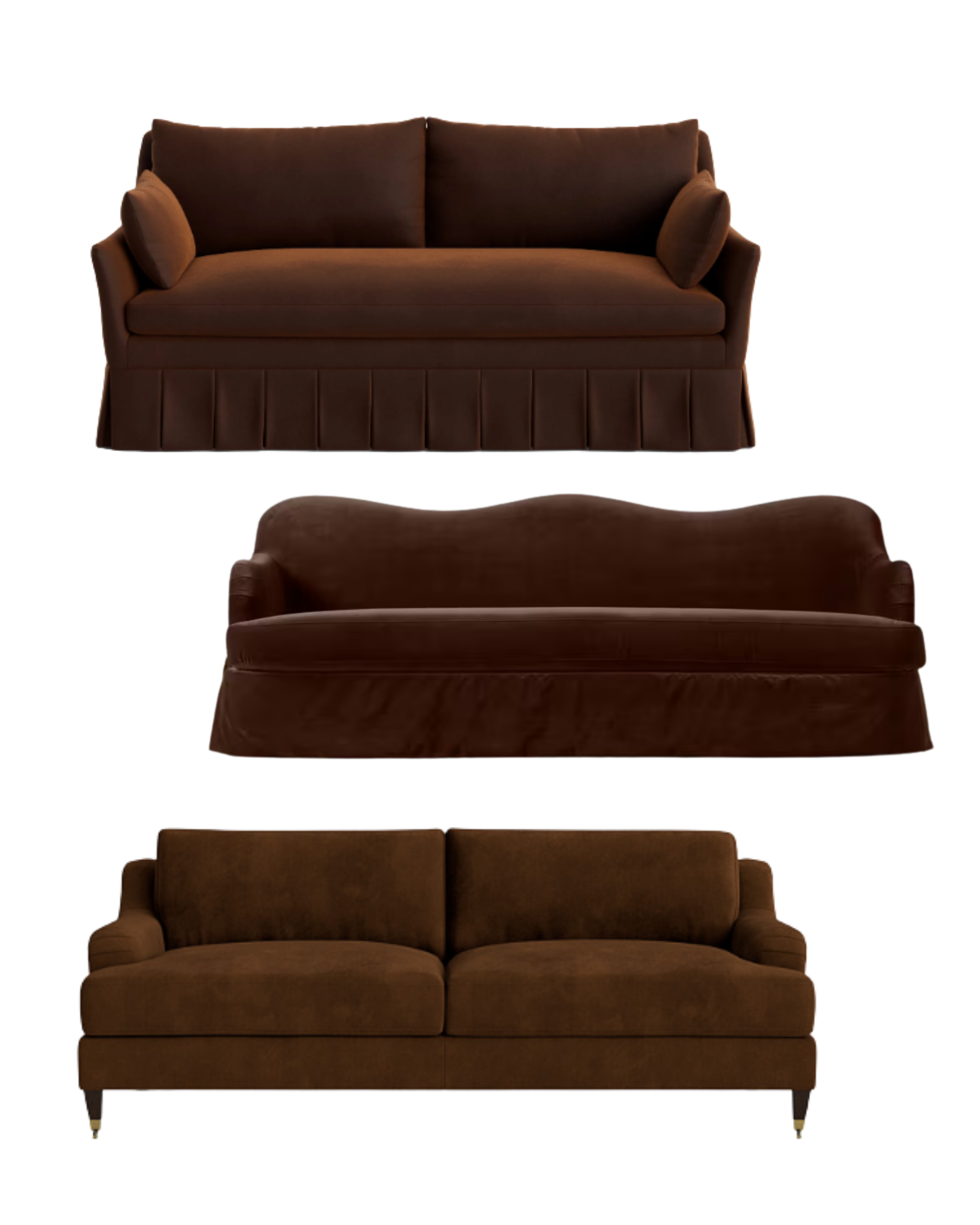Sofa options — multiple brown velvet sofas, traditional roll arm and track arm silhouettes