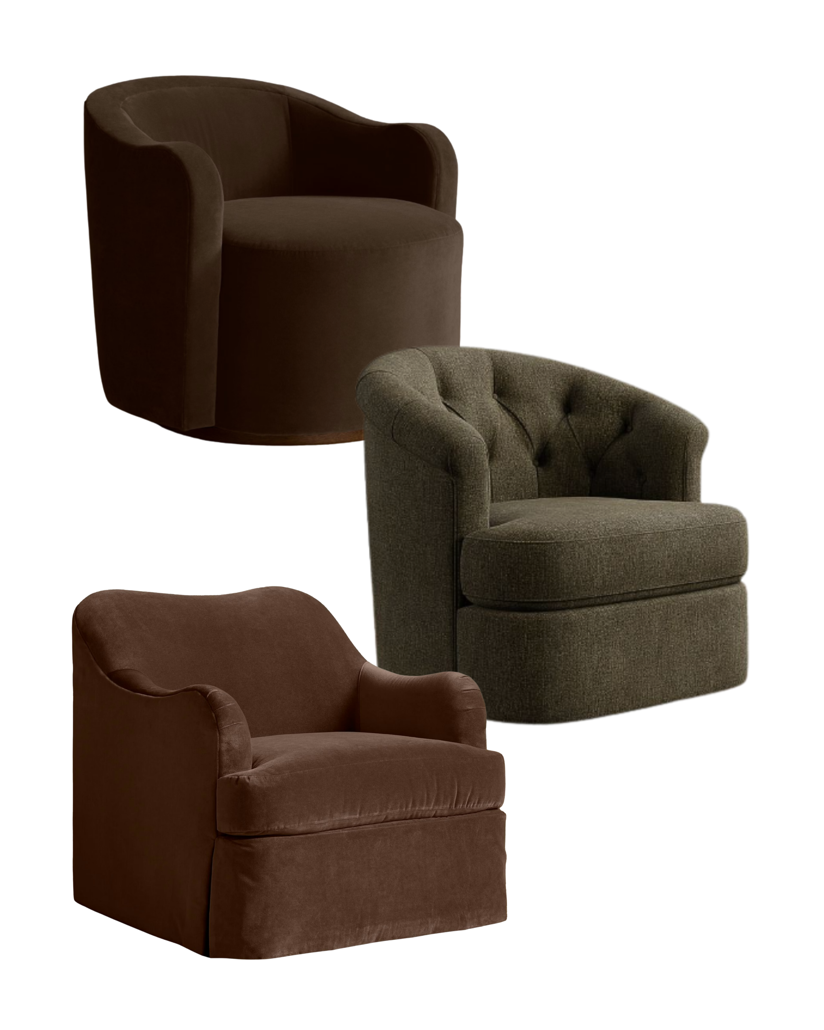 Chair options — barrel, tufted, and skirted accent chairs