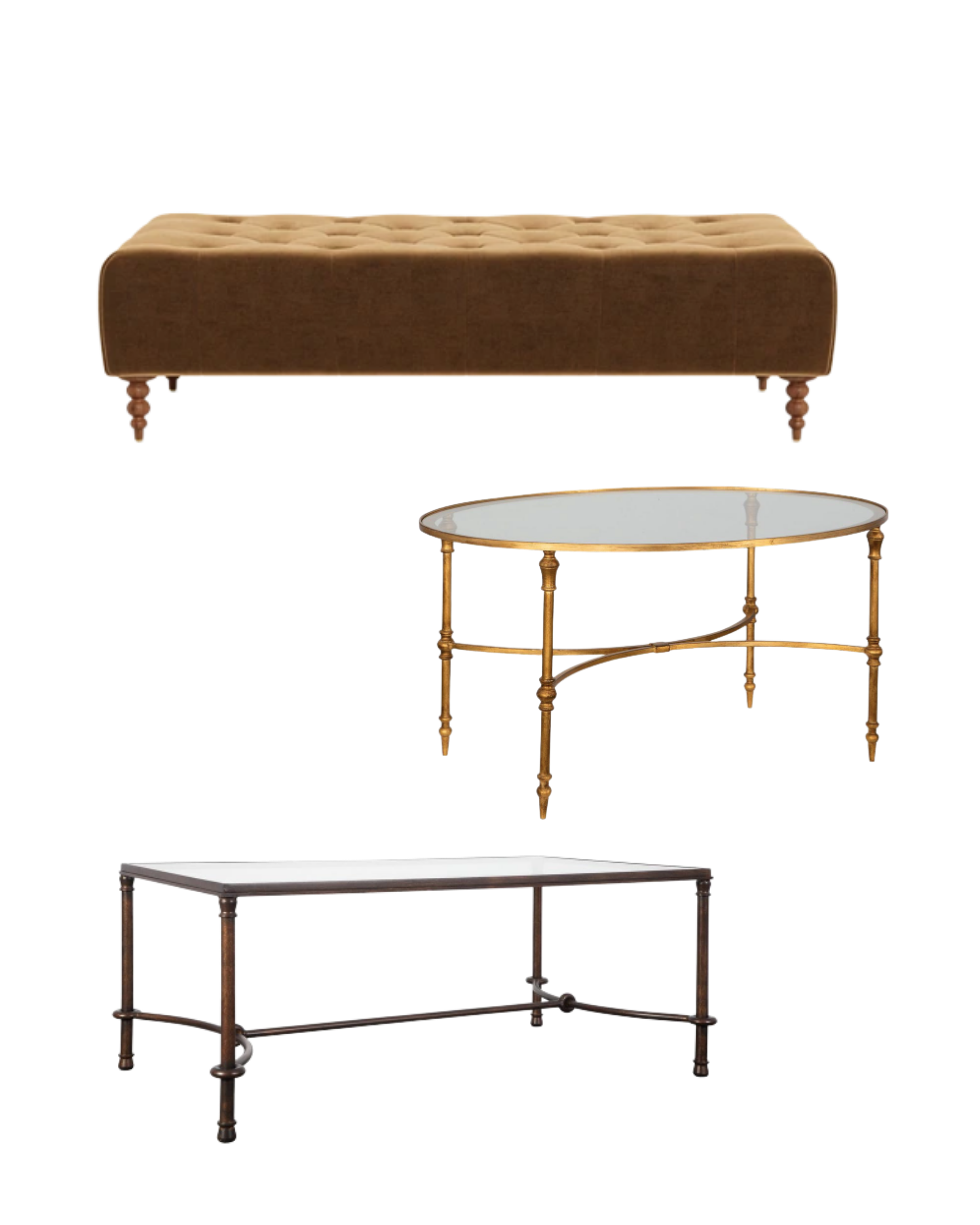 Coffee table and ottoman options — upholstered, carved wood, and metal tray styles
