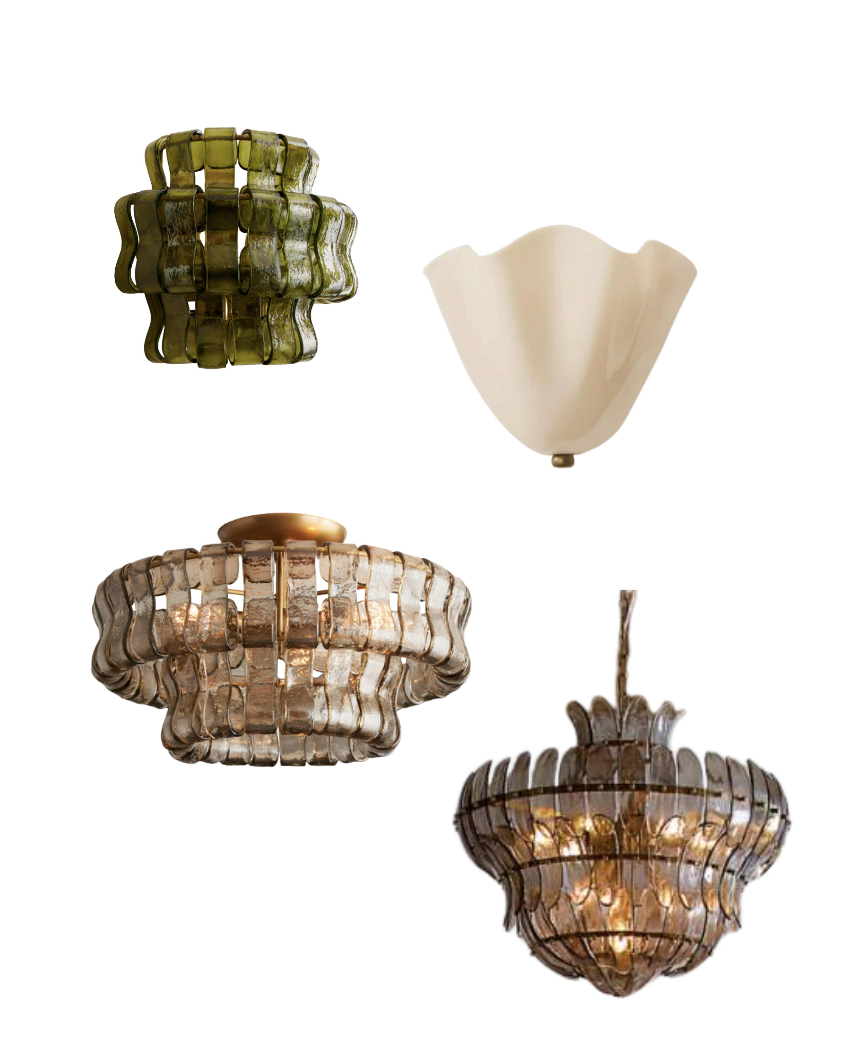 Lighting options — four glass and brass pendant and chandelier fixtures