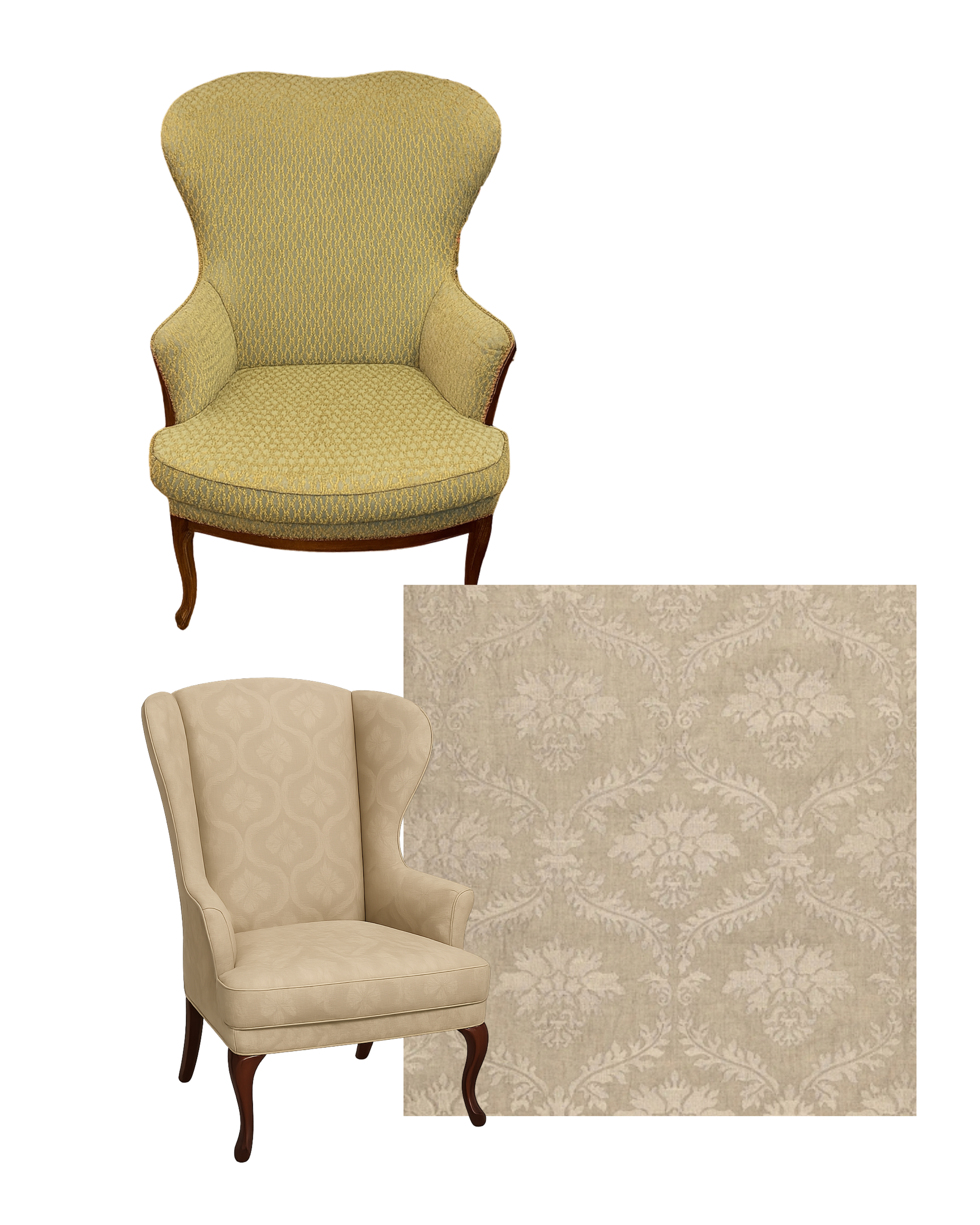Wingback chair options upholstered in damask fabric