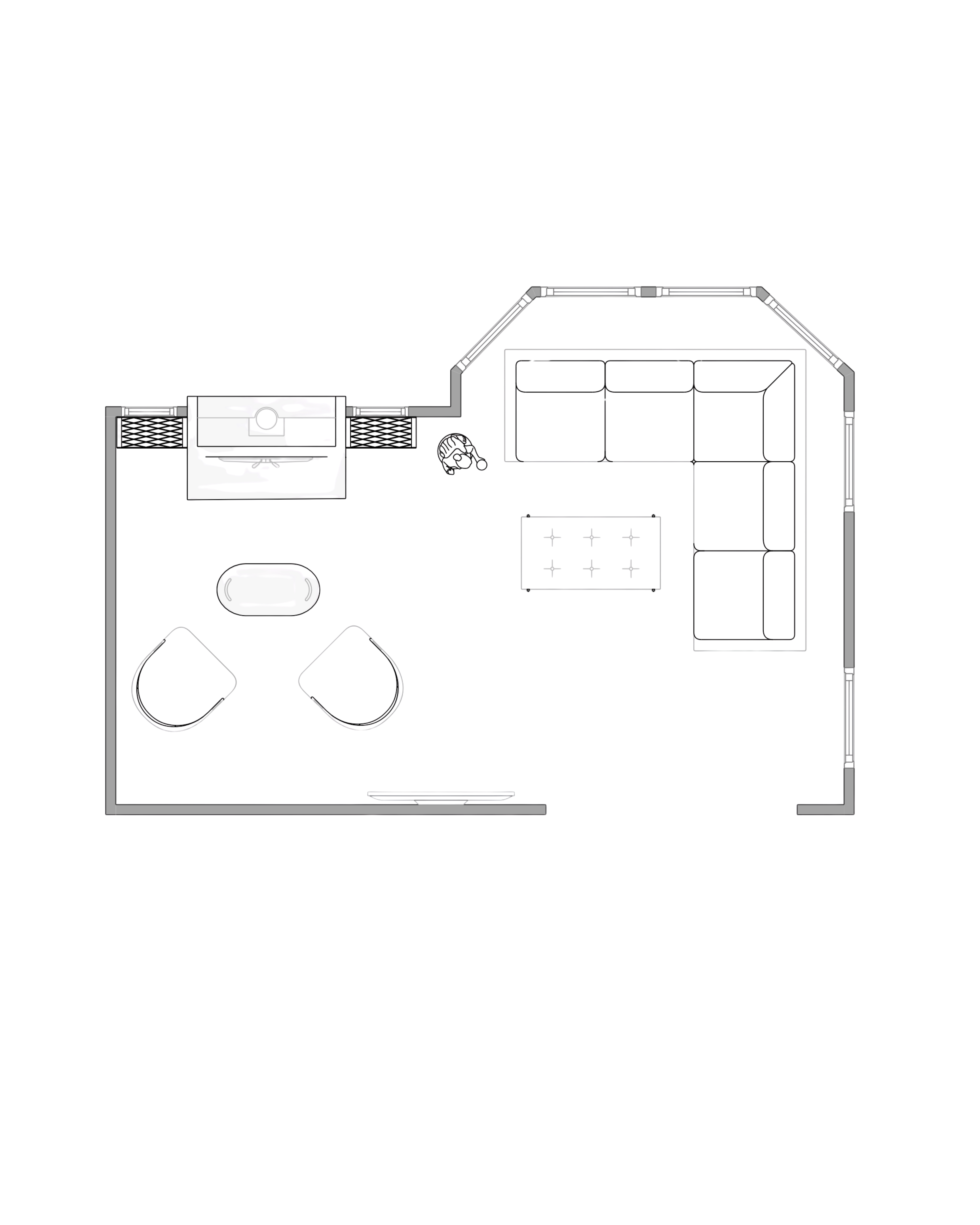 Floor plan option 1 — furniture arrangement with sofa facing fireplace