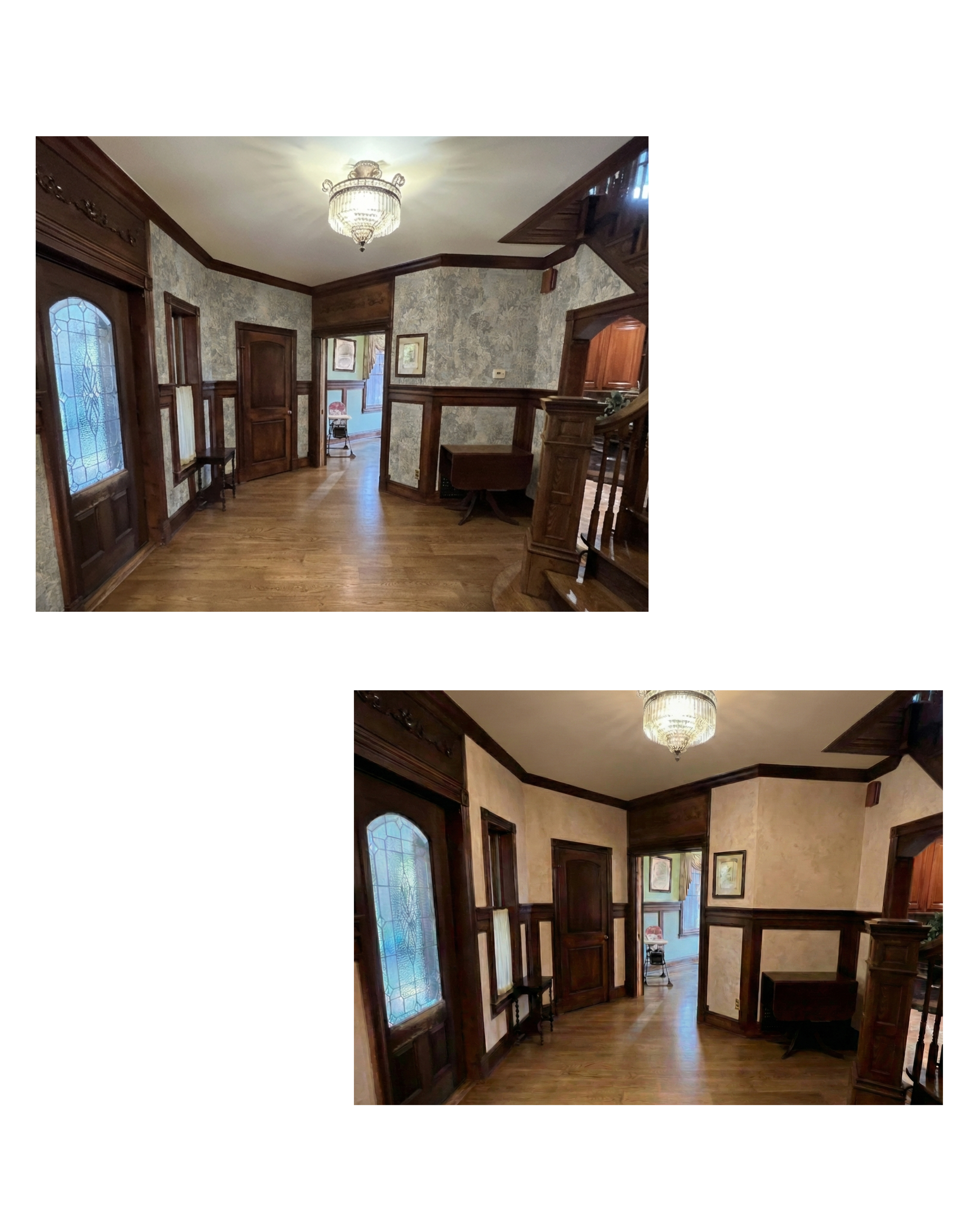 Existing foyer with stained glass transom and original dark wood wainscoting