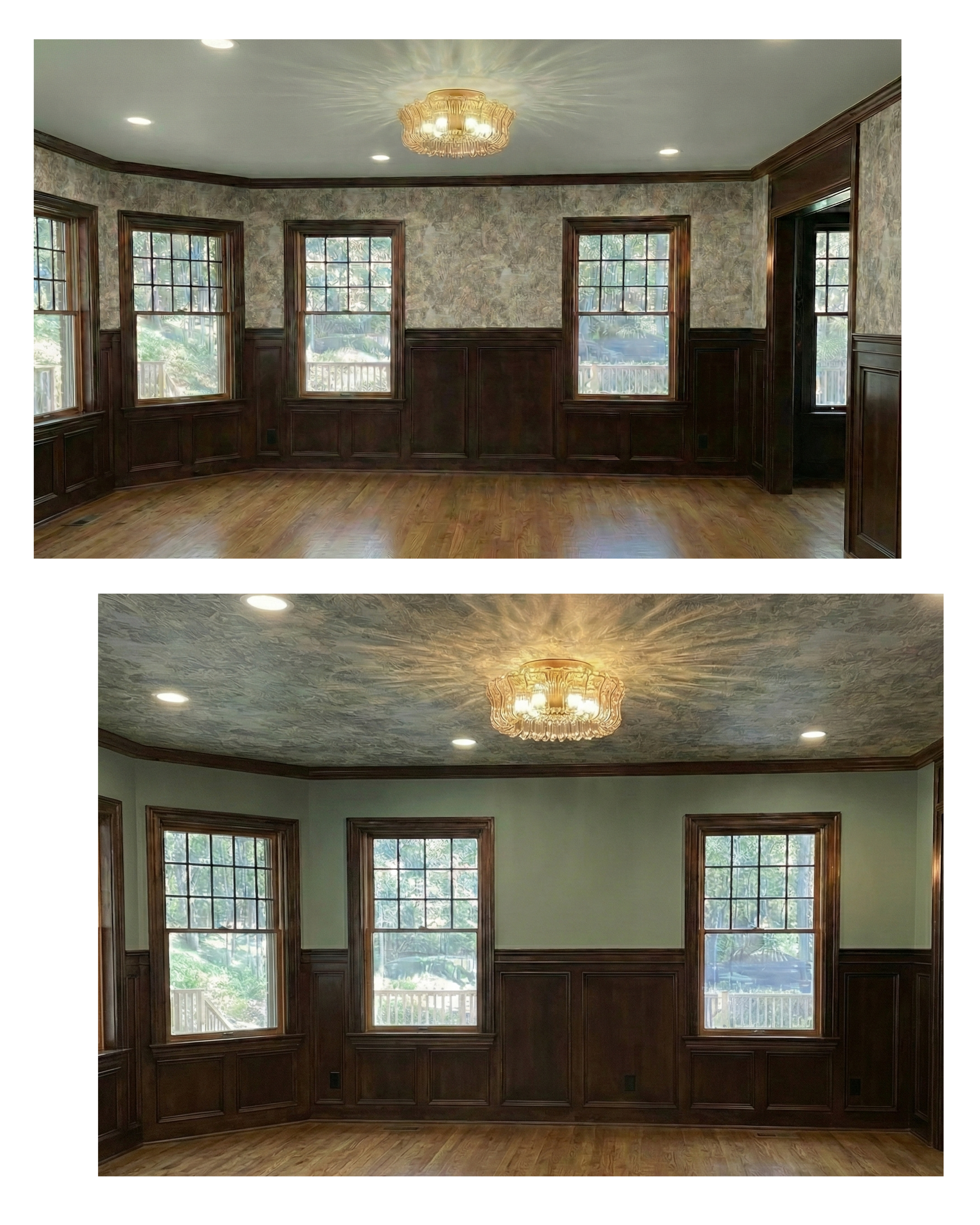 Living room during paint testing phase — walls in transition