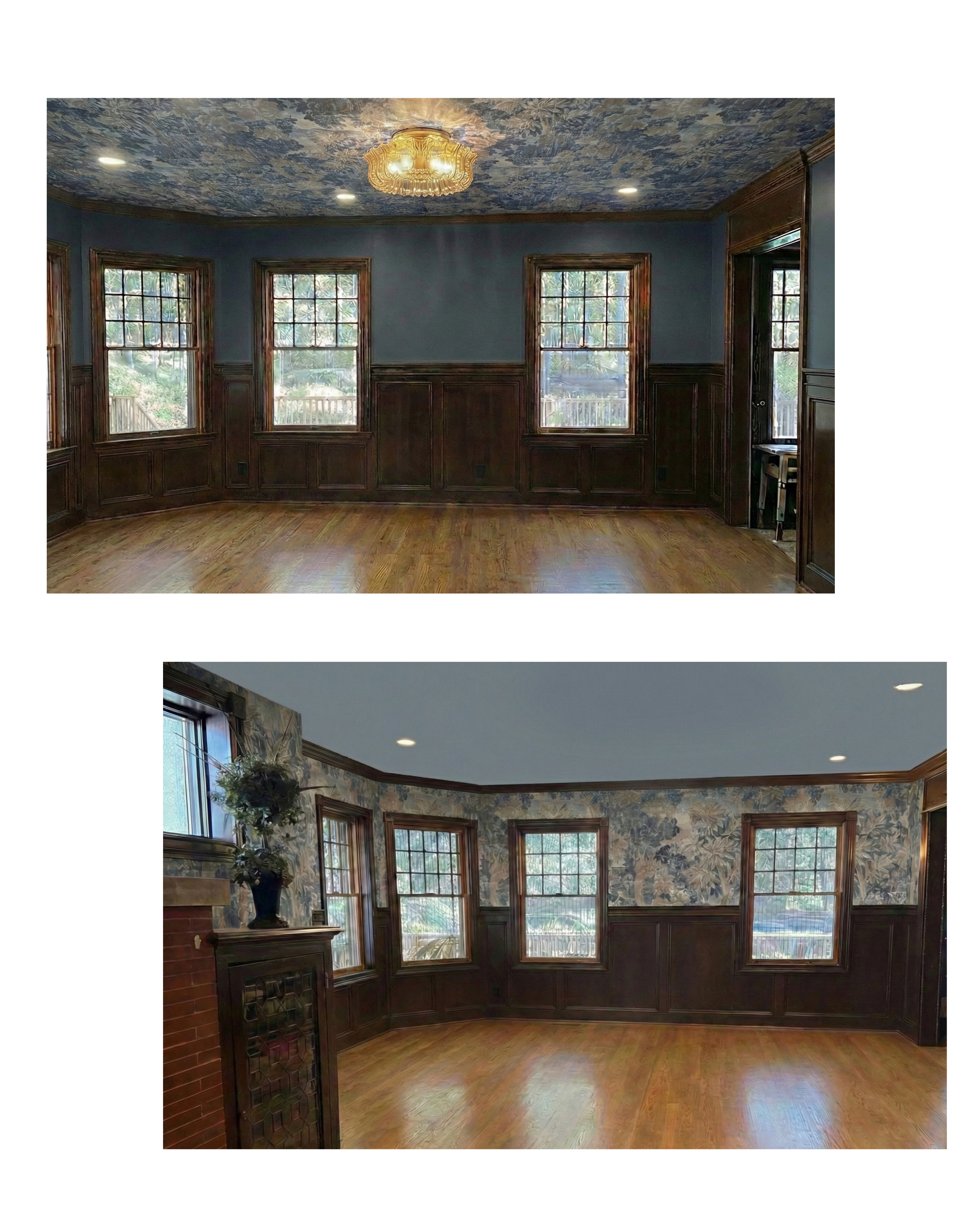 Living room with original blue walls and floral wallpaper ceiling