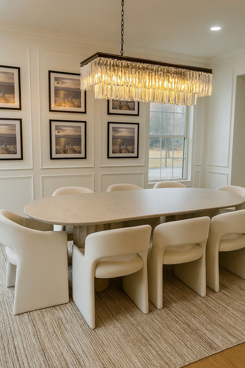 Formal dining room with crystal chandelier, oval stone table, and gallery wall