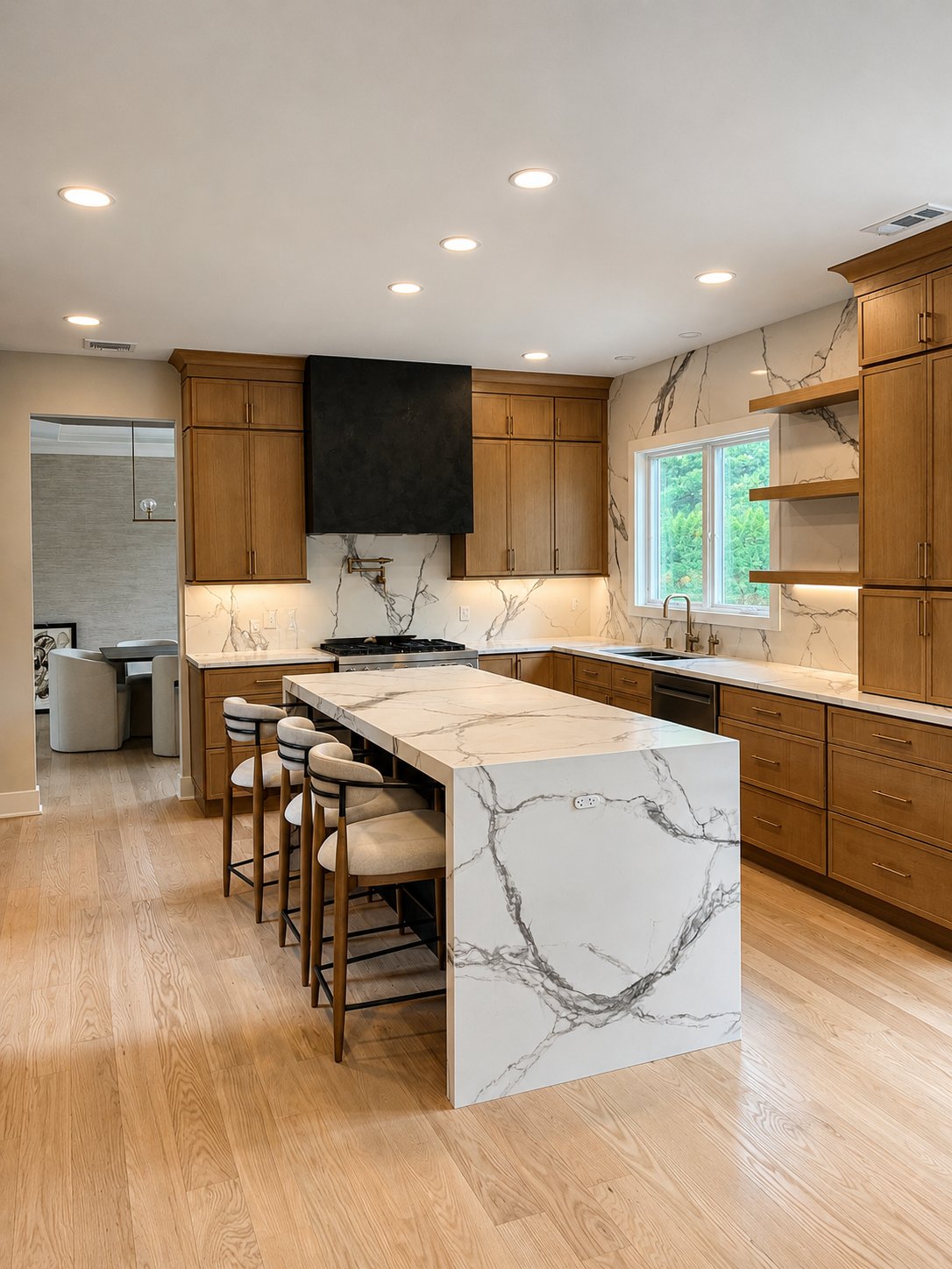 Kitchen with walnut cabinetry, marble island, and black range hood