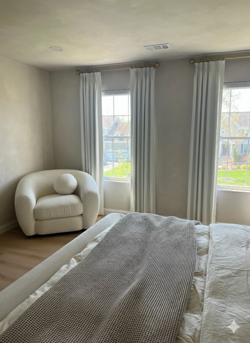 Primary bedroom with boucle swivel chair and linen drapery
